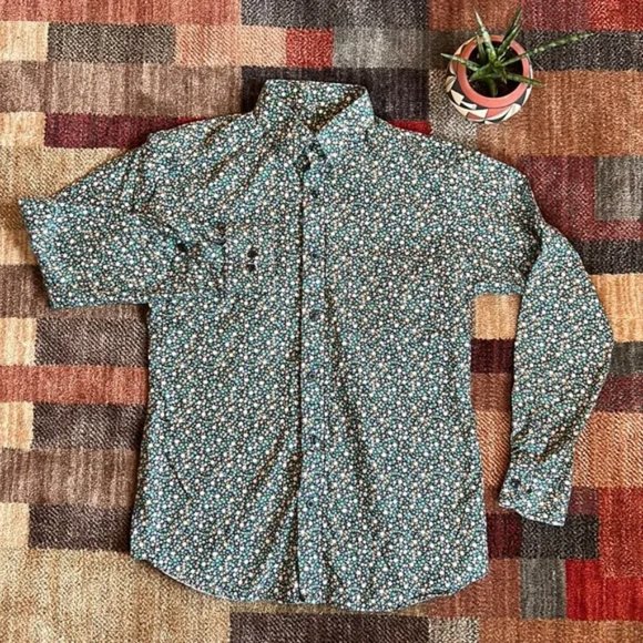George’s Tailoring Floral Green White Blue Button Up Shirt size S Custom Fit - Picture 9 of 9